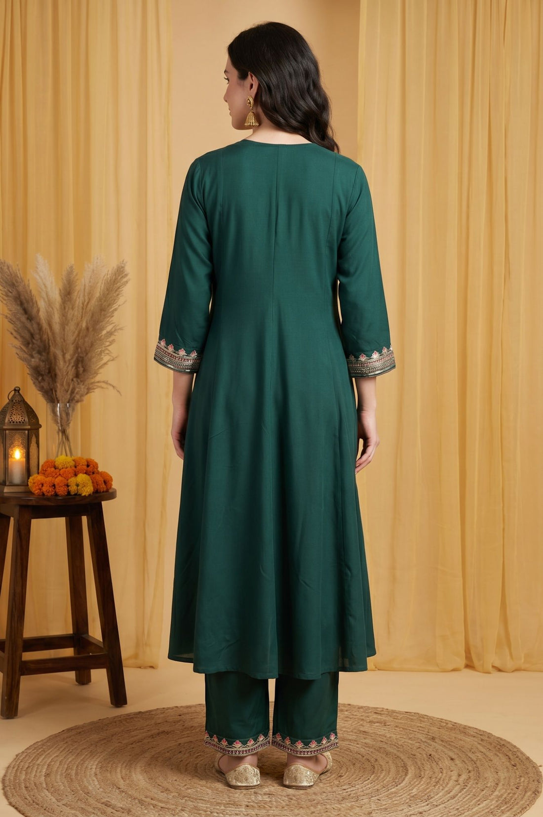 Green Thread Embroidered Rayon Flared Kurta with Pants Set