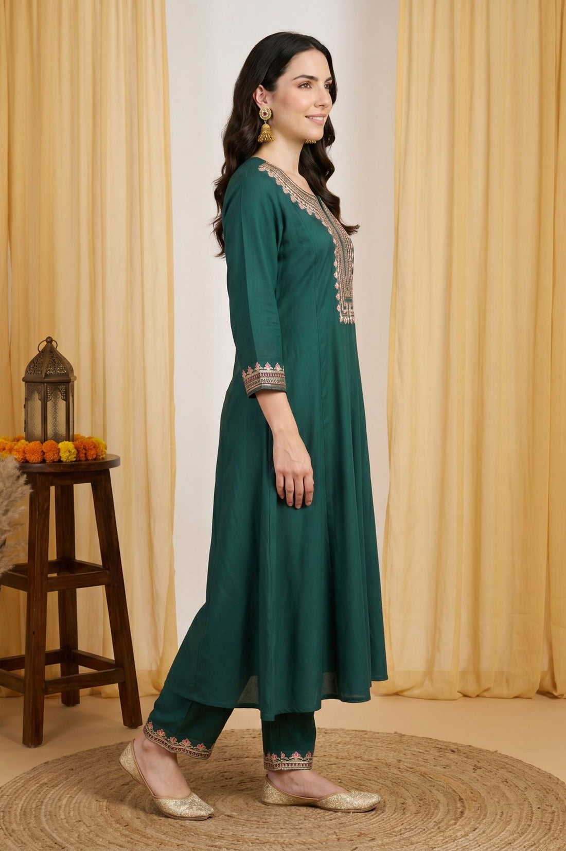 Green Thread Embroidered Rayon Flared Kurta with Pants Set