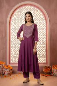 Magenta Embroidered Rayon Flared Kurta with Pants Co-ord Set
