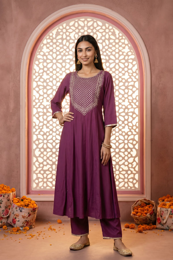 Magenta Embroidered Rayon Flared Kurta with Pants Co-ord Set