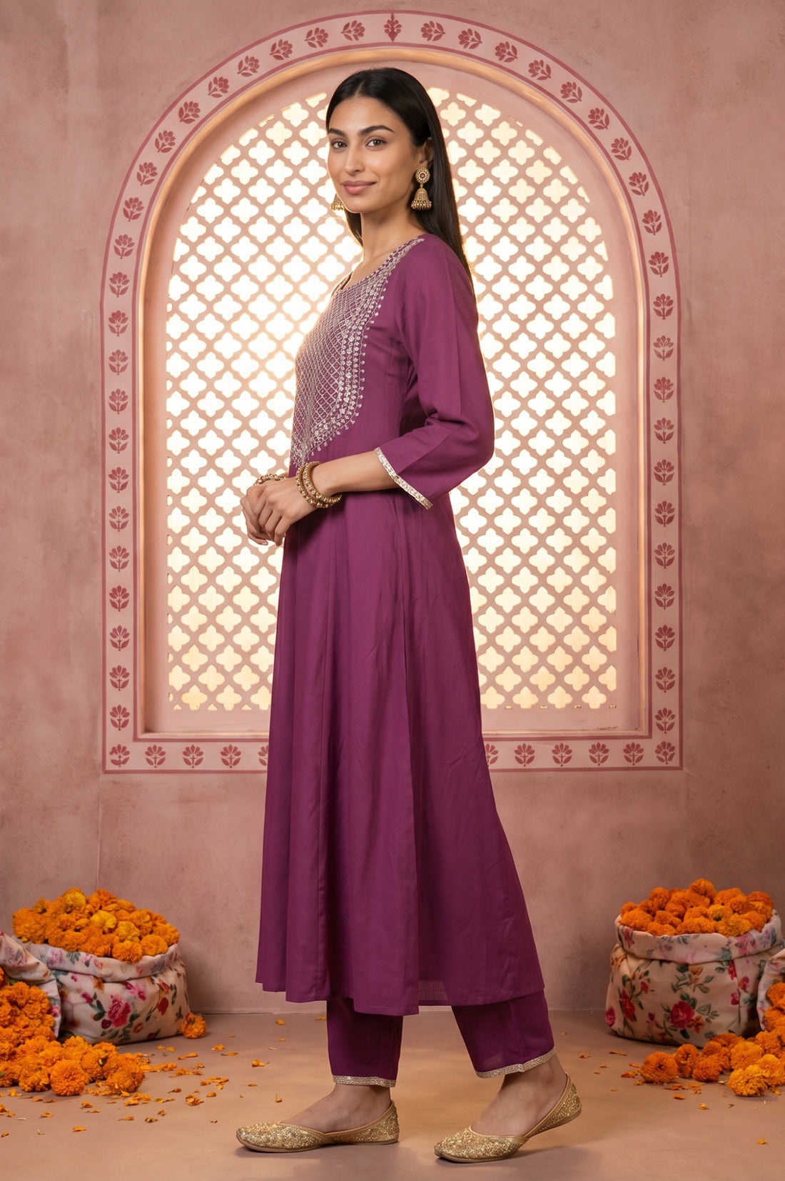 Magenta Embroidered Rayon Flared Kurta with Pants Co-ord Set