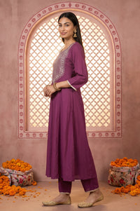 Magenta Embroidered Rayon Flared Kurta with Pants Co-ord Set