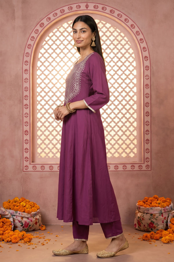 Magenta Embroidered Rayon Flared Kurta with Pants Co-ord Set