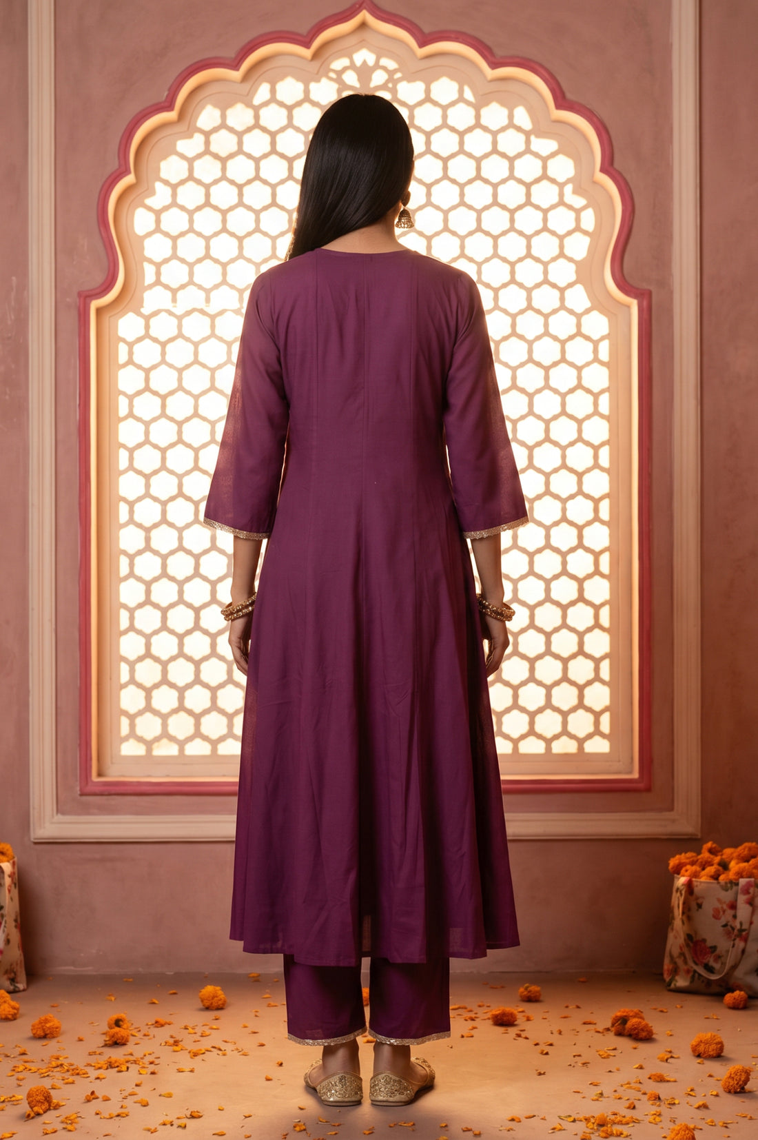 Magenta Embroidered Rayon Flared Kurta with Pants Co-ord Set