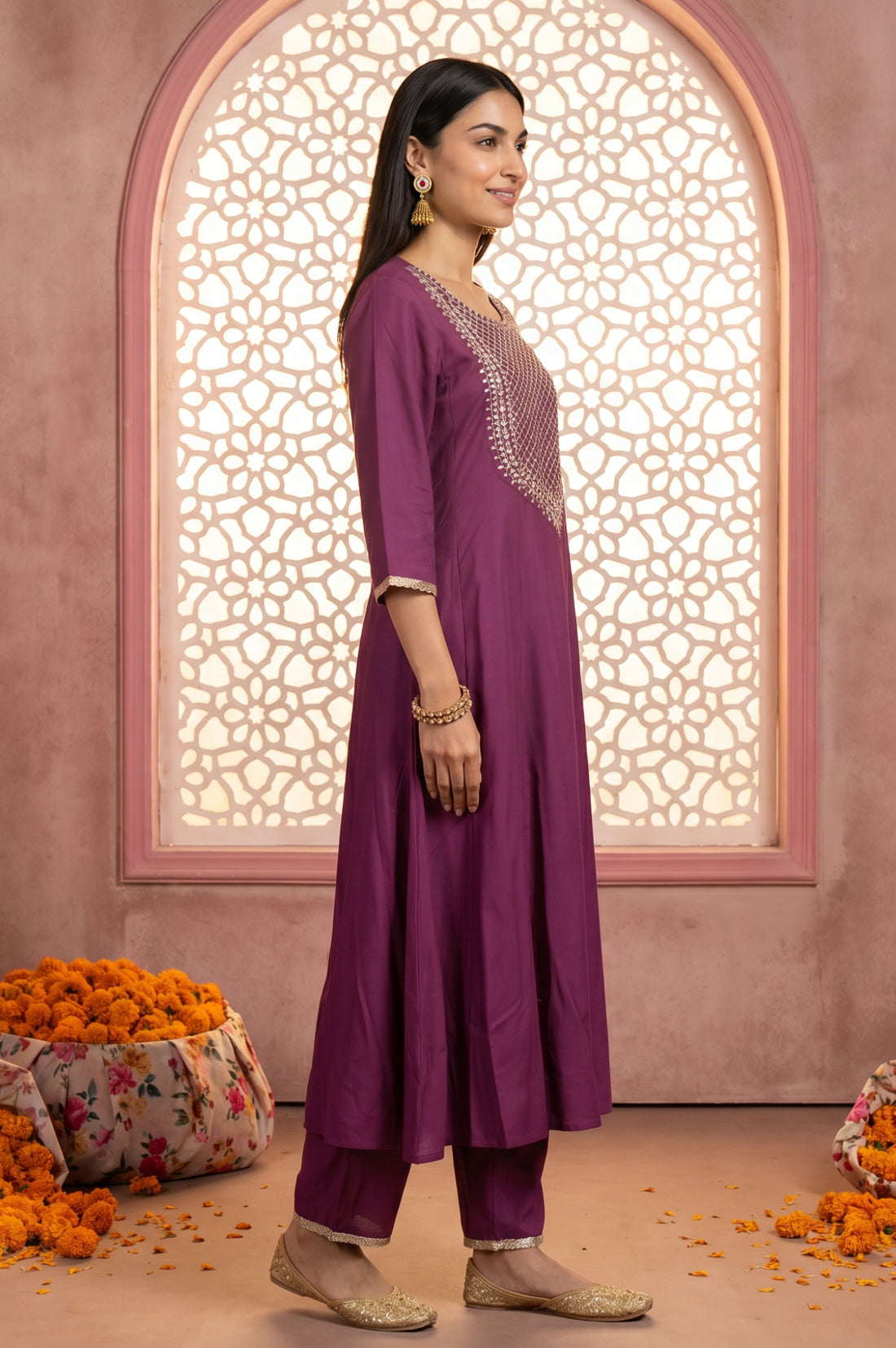 Magenta Embroidered Rayon Flared Kurta with Pants Co-ord Set