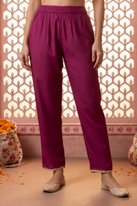 Magenta Embroidered Rayon Flared Kurta with Pants Co-ord Set