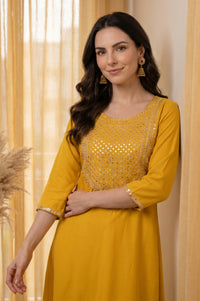 Yellow Embroidered Rayon Flared Kurta with Pants Co-ord Set