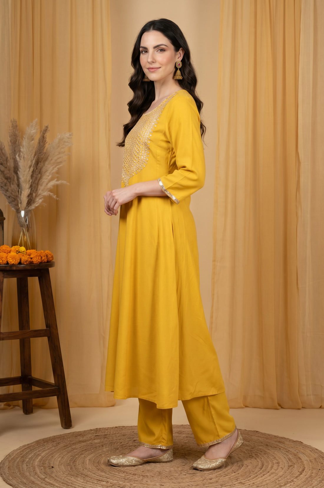 Yellow Embroidered Rayon Flared Kurta with Pants Co-ord Set