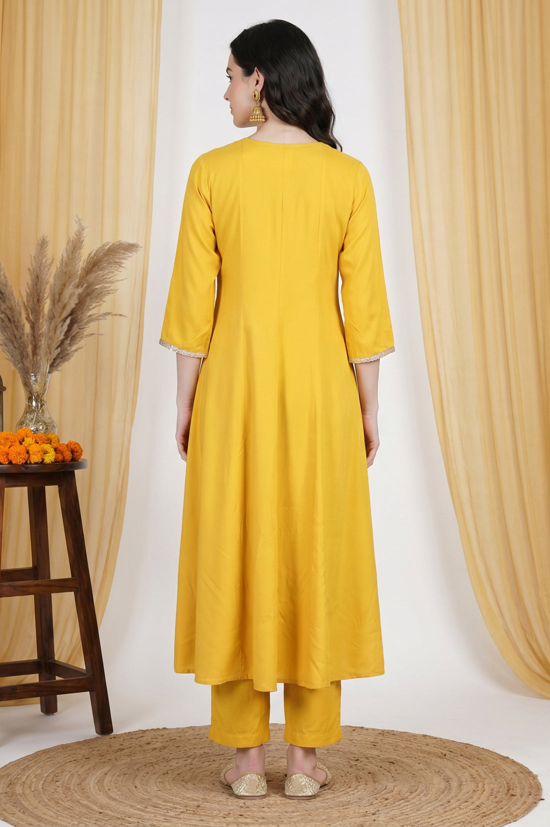Yellow Embroidered Rayon Flared Kurta with Pants Co-ord Set