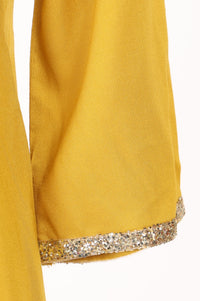 Yellow Embroidered Rayon Flared Kurta with Pants Co-ord Set