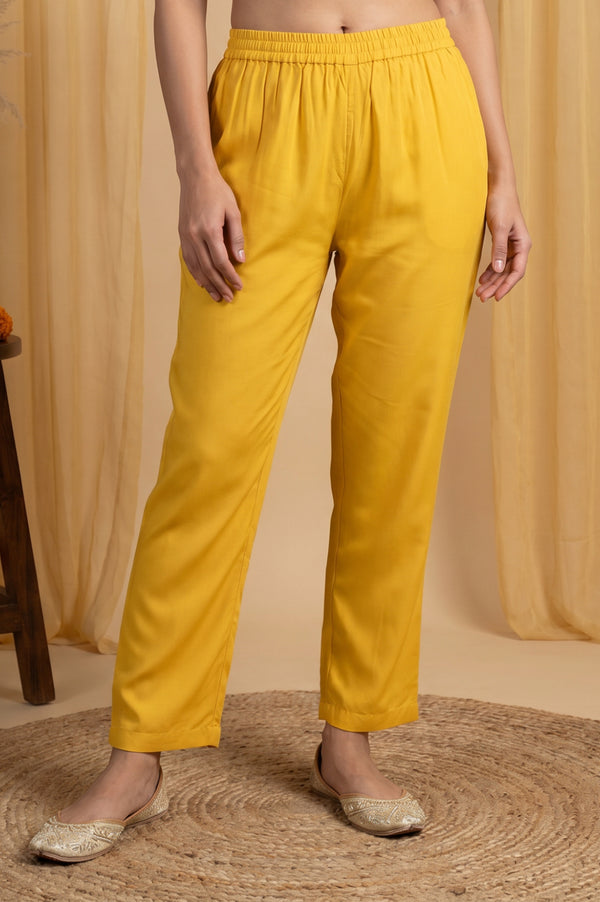 Yellow Embroidered Rayon Flared Kurta with Pants Co-ord Set