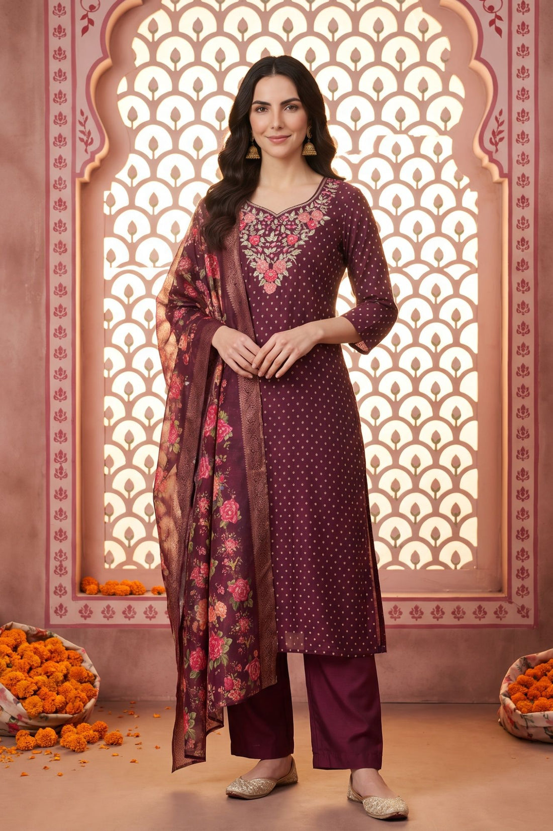 Purple Embroidered Chanderi Straight Kurta with Trouser and Dupatta Set