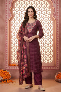 Purple Embroidered Chanderi Straight Kurta with Trouser and Dupatta Set