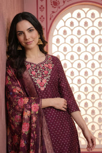 Purple Embroidered Chanderi Straight Kurta with Trouser and Dupatta Set