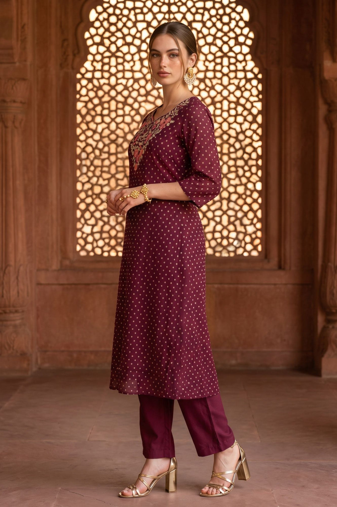 Purple Embroidered Chanderi Straight Kurta with Trouser and Dupatta Set