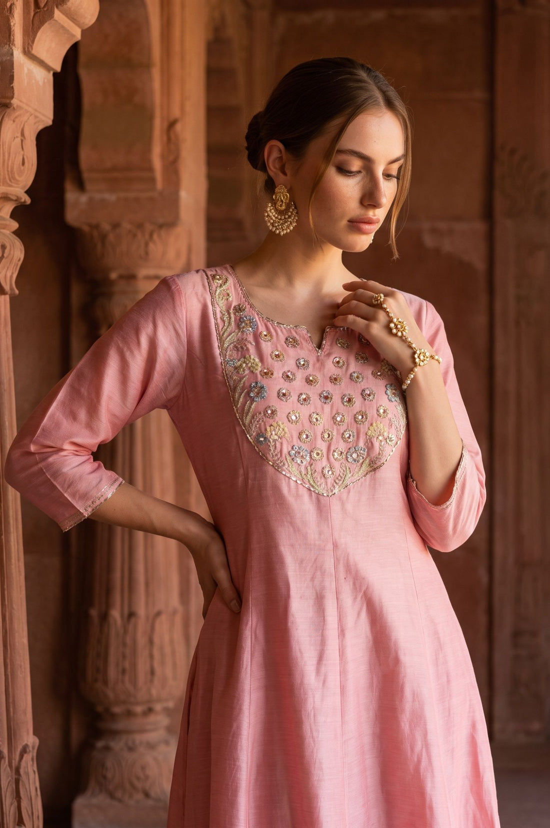 Pink Embellished Flared Kurta with Trouser and Dupatta Set