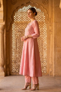 Pink Embellished Flared Kurta with Trouser and Dupatta Set
