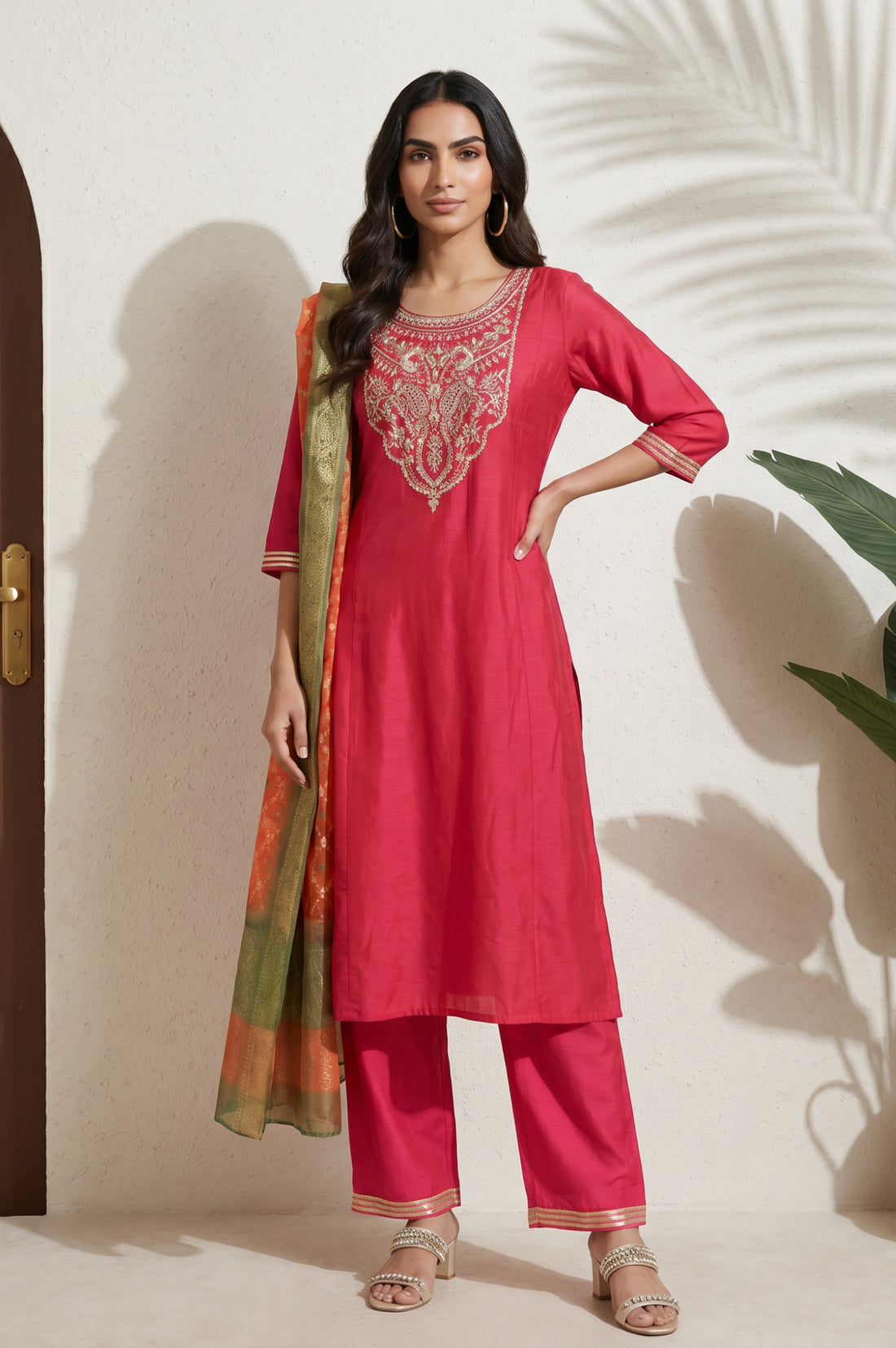 Red Yarn Dyed Jacquard Zari Embroidered Straight Kurta with Pants and Dupatta Set