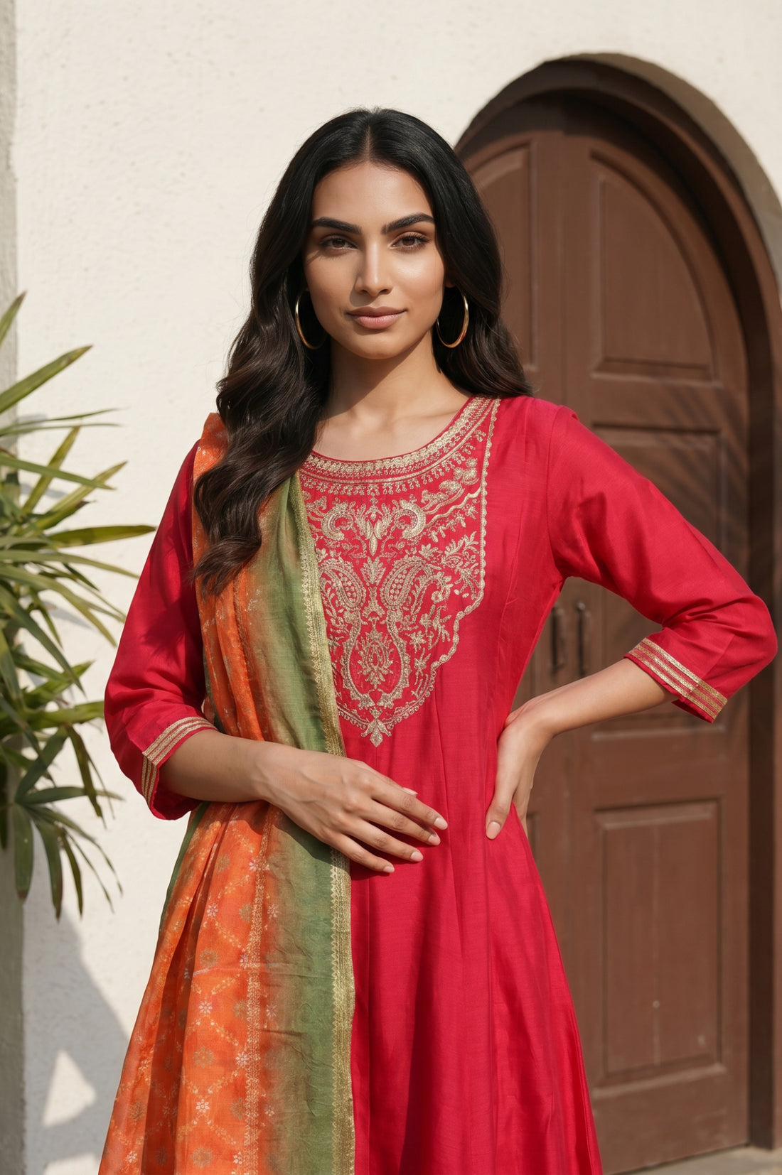 Red Yarn Dyed Jacquard Zari Embroidered Straight Kurta with Pants and Dupatta Set