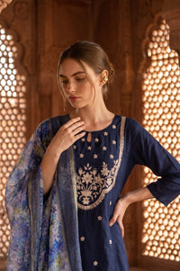 Navy Blue Zari Embroidered Straight Kurta with Trouser and Dupatta Set