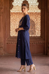 Navy Blue Zari Embroidered Straight Kurta with Trouser and Dupatta Set