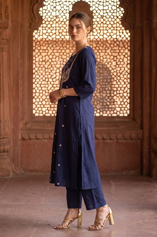Navy Blue Zari Embroidered Straight Kurta with Trouser and Dupatta Set