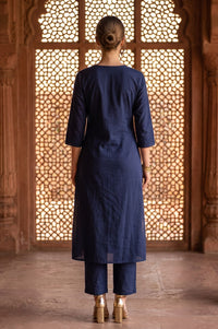 Navy Blue Zari Embroidered Straight Kurta with Trouser and Dupatta Set