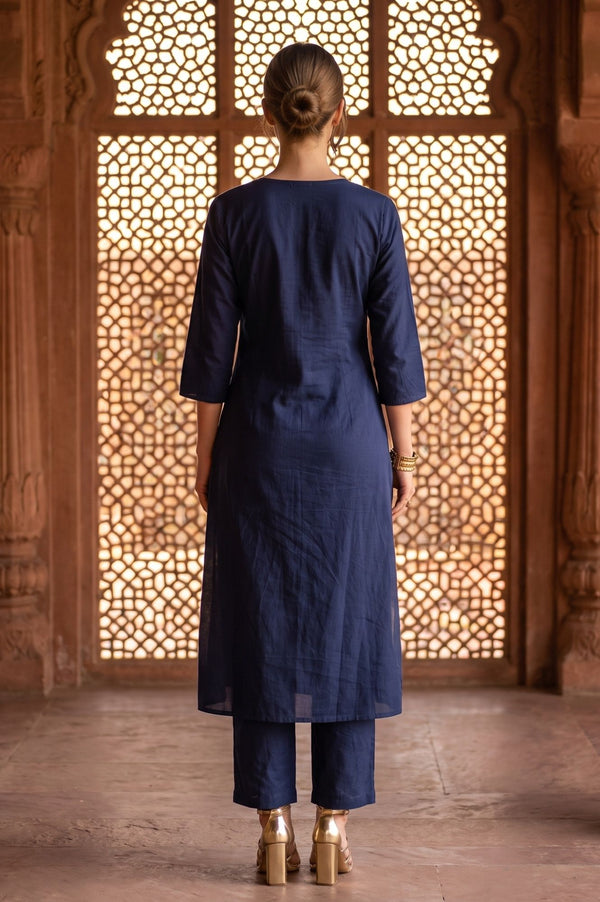 Navy Blue Zari Embroidered Straight Kurta with Trouser and Dupatta Set