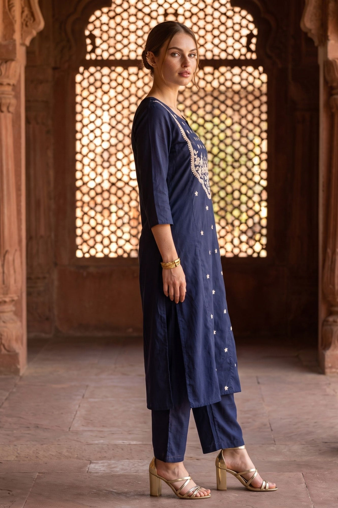 Navy Blue Zari Embroidered Straight Kurta with Trouser and Dupatta Set