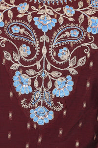 Maroon Jacquard Thread Embroidered Chanderi A-line Kurta with Trouser and Dupatta Set