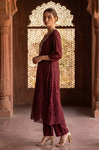 Maroon Jacquard Thread Embroidered Chanderi A-line Kurta with Trouser and Dupatta Set