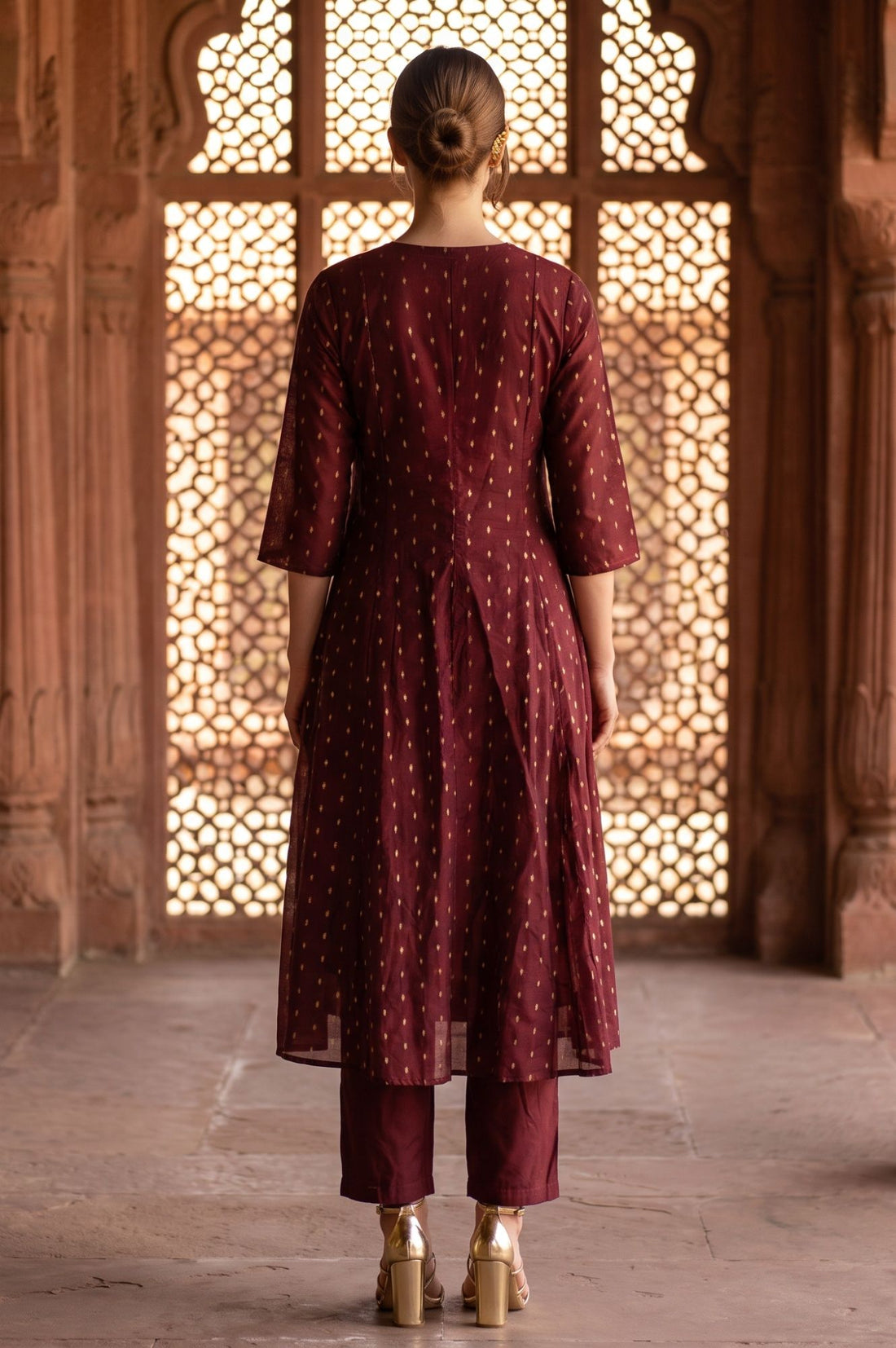 Maroon Jacquard Thread Embroidered Chanderi A-line Kurta with Trouser and Dupatta Set