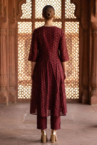 Maroon Jacquard Thread Embroidered Chanderi A-line Kurta with Trouser and Dupatta Set