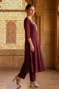 Maroon Jacquard Thread Embroidered Chanderi A-line Kurta with Trouser and Dupatta Set