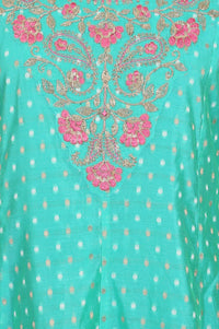 Blue Jacquard Embroidered Chanderi A-line Kurta with Trousers and Dupatta Set