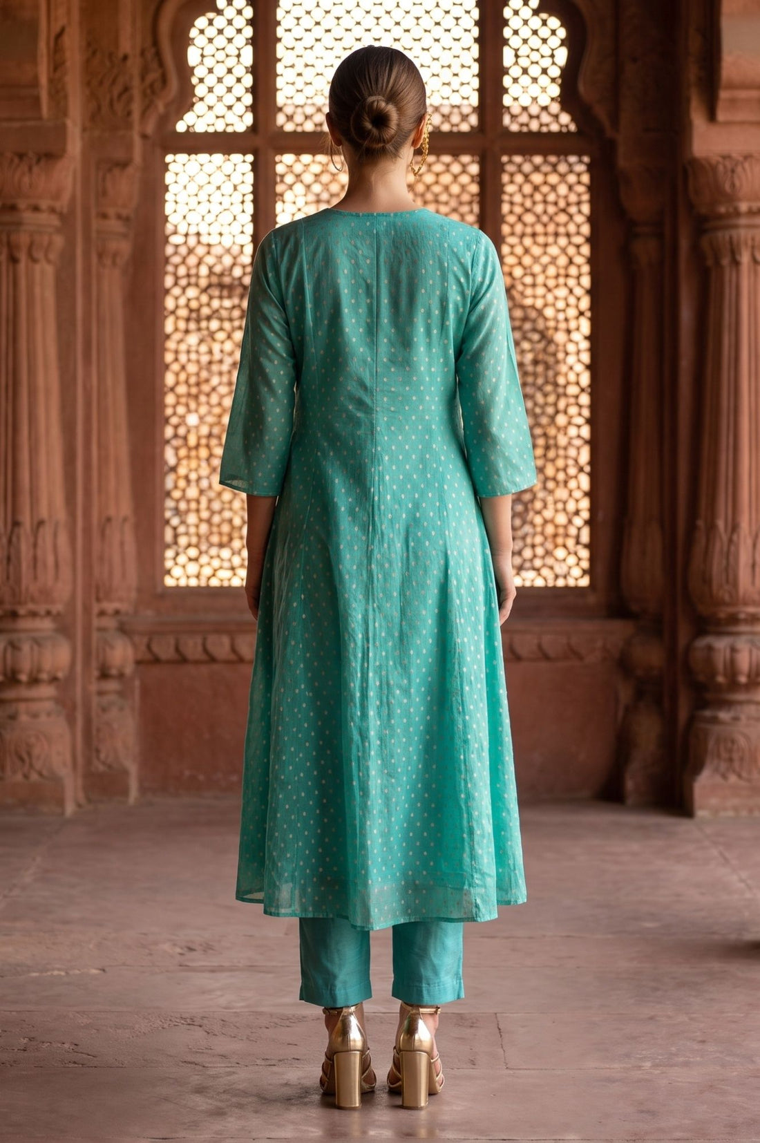 Blue Jacquard Embroidered Chanderi A-line Kurta with Trousers and Dupatta Set
