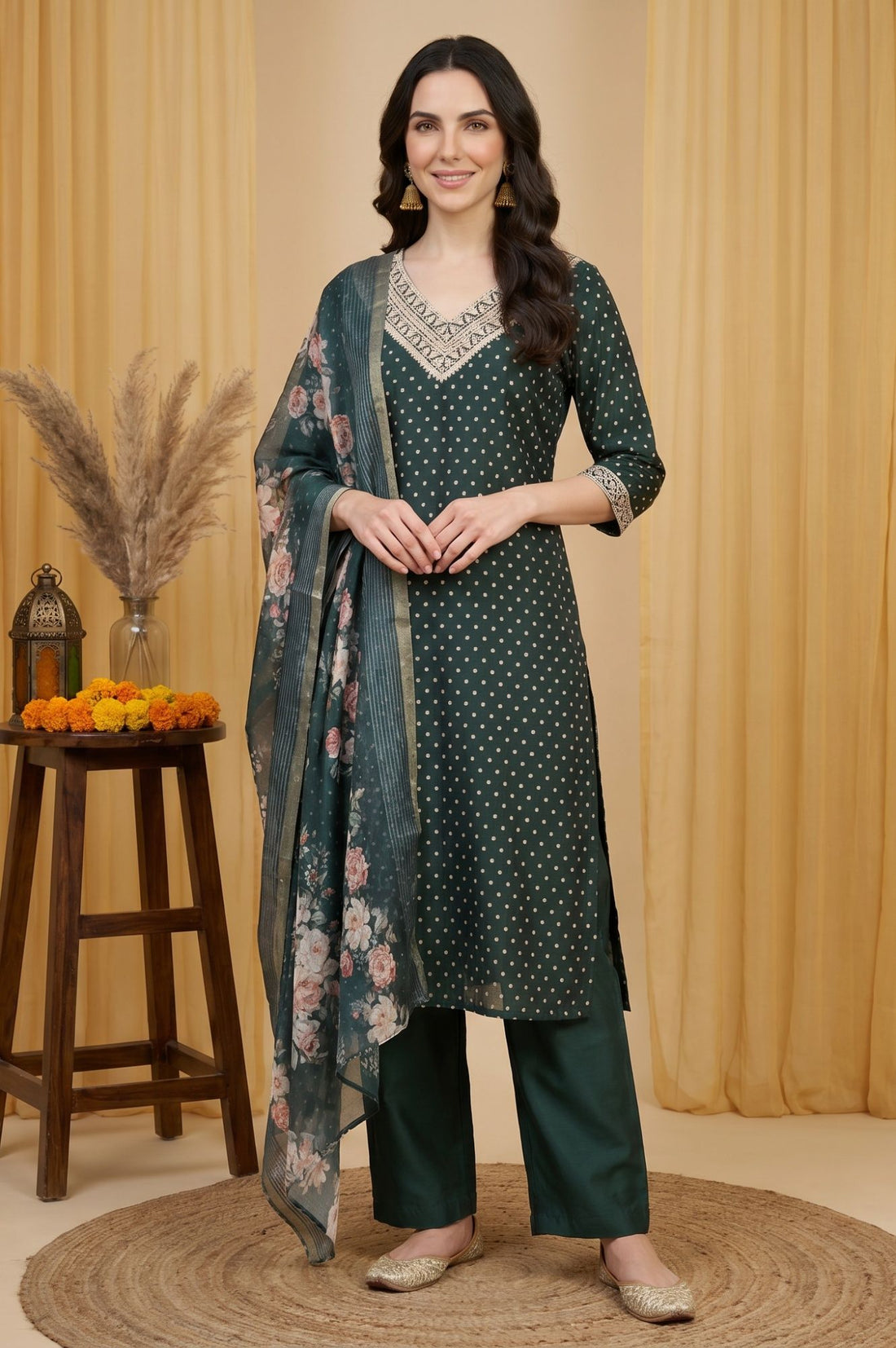 Green Sequins Embroidered Chanderi Straight Kurta with Pant and Dupatta Set