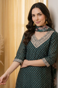 Green Sequins Embroidered Chanderi Straight Kurta with Pant and Dupatta Set