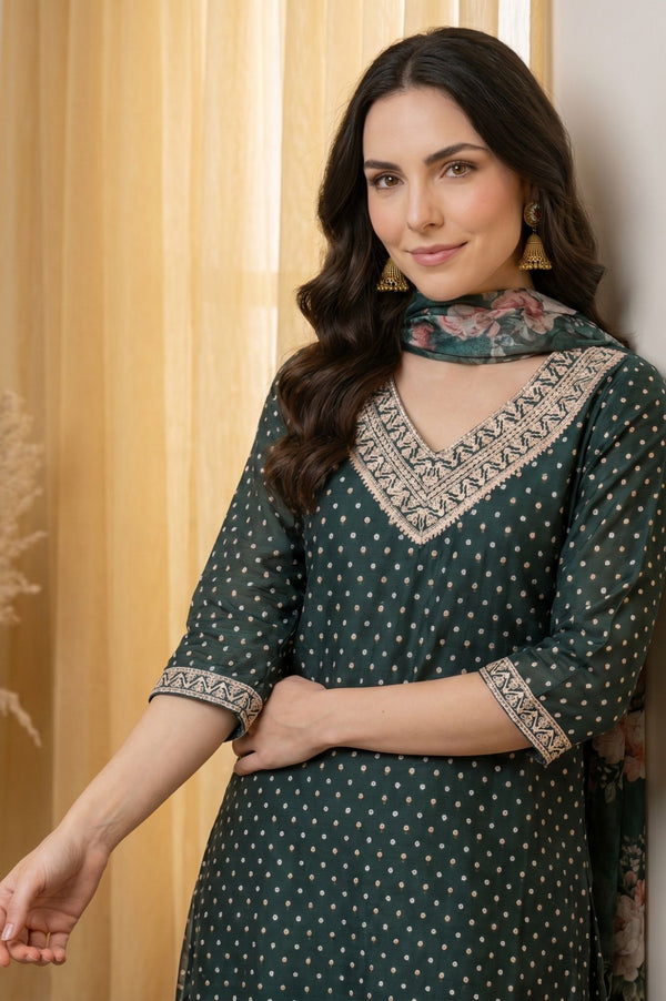 Green Sequins Embroidered Chanderi Straight Kurta with Pant and Dupatta Set