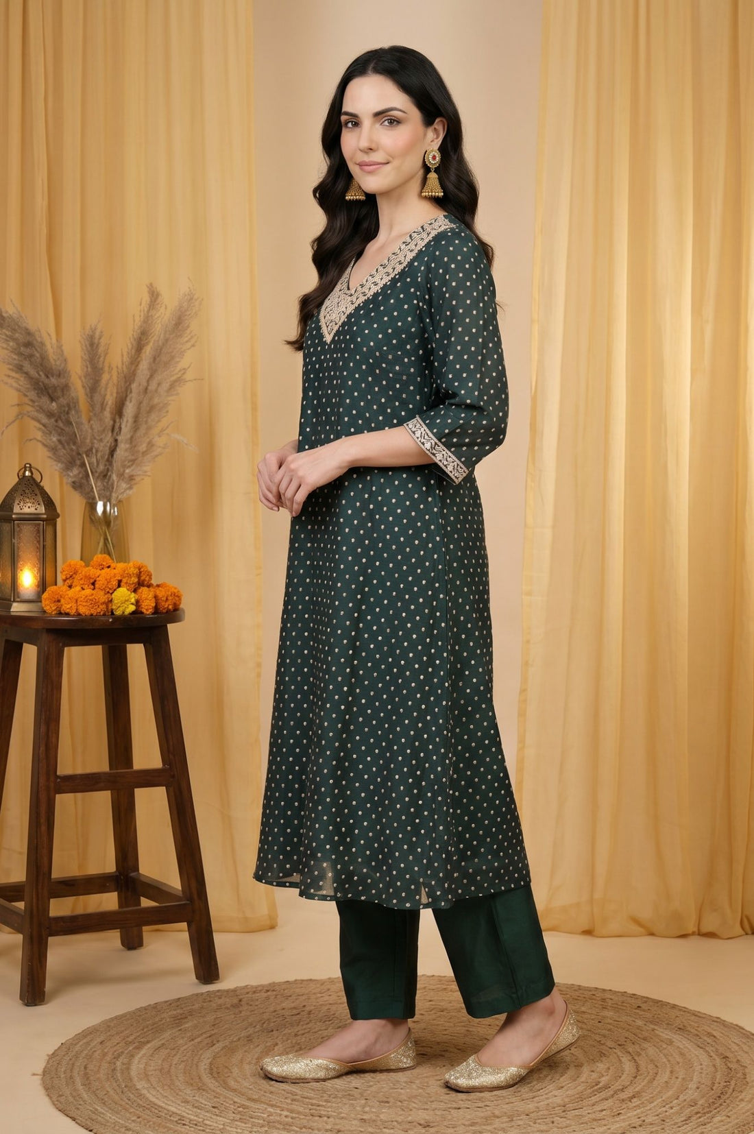 Green Sequins Embroidered Chanderi Straight Kurta with Pant and Dupatta Set