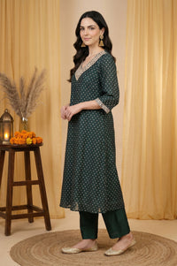 Green Sequins Embroidered Chanderi Straight Kurta with Pant and Dupatta Set
