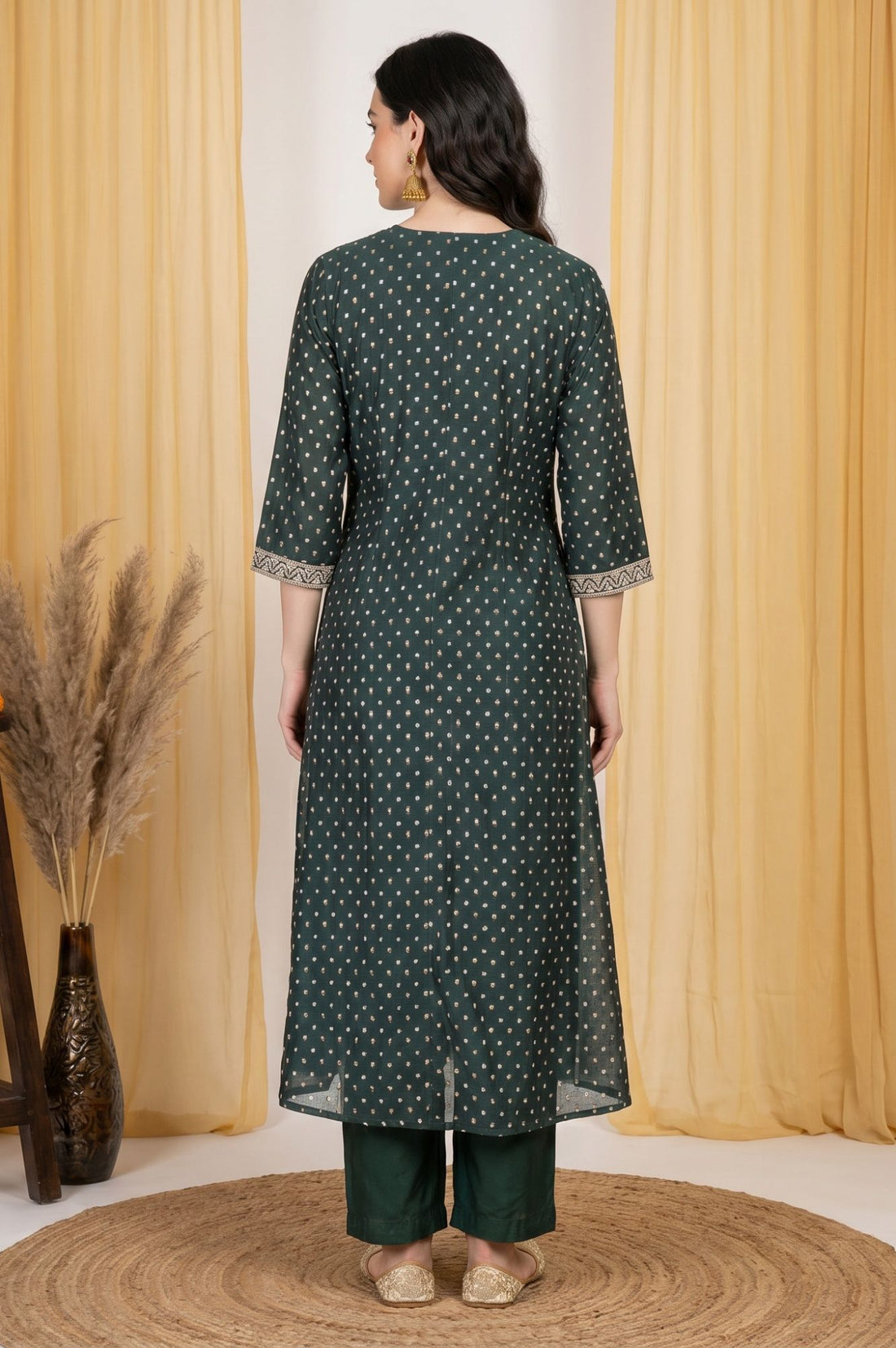 Green Sequins Embroidered Chanderi Straight Kurta with Pant and Dupatta Set