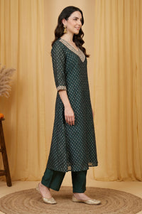 Green Sequins Embroidered Chanderi Straight Kurta with Pant and Dupatta Set
