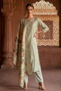 Sea Green Zari Embroidered Chanderi Straight Kurta with Trouser and Dupatta Set