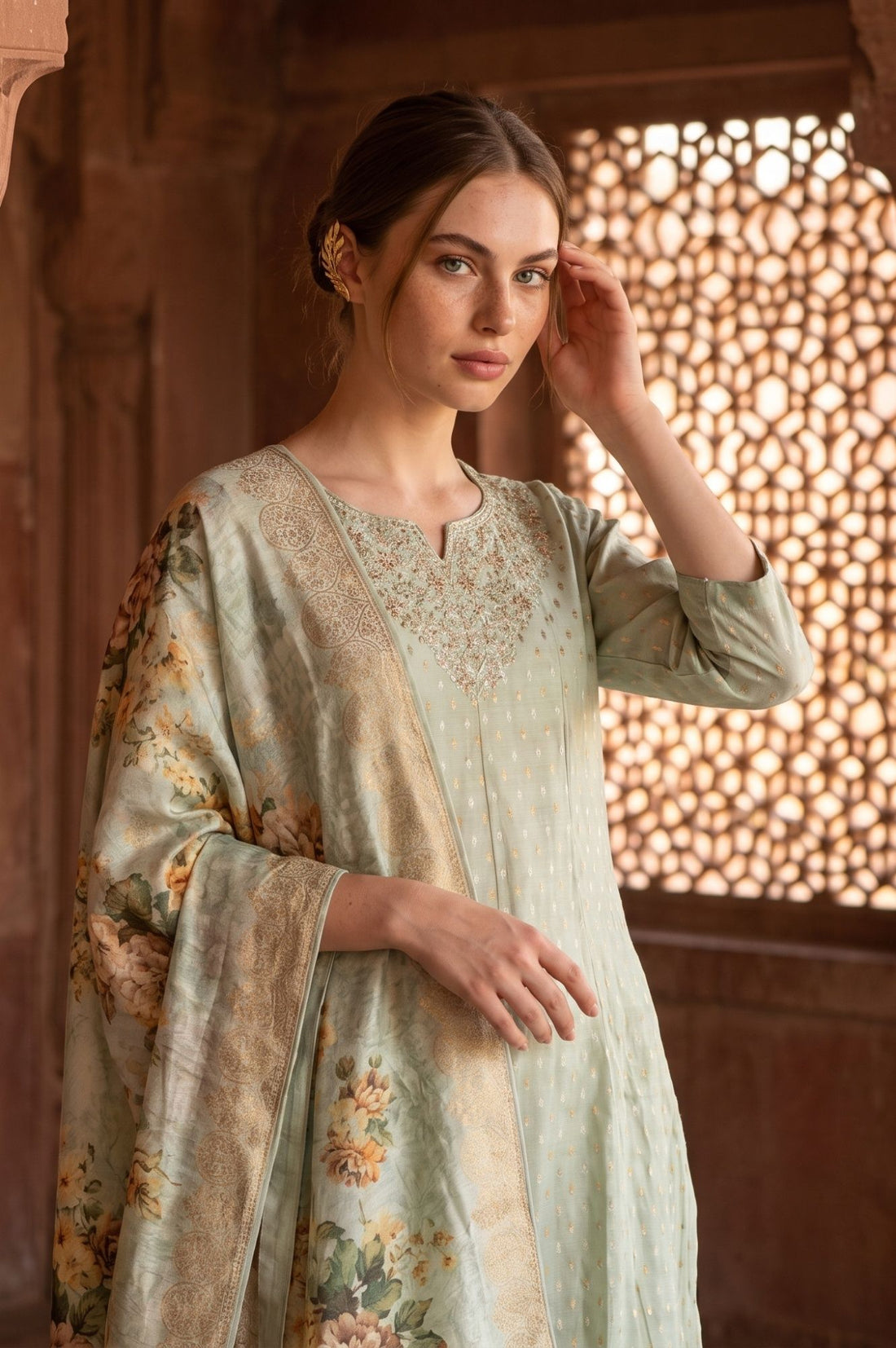 Sea Green Zari Embroidered Chanderi Straight Kurta with Trouser and Dupatta Set