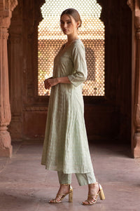 Sea Green Zari Embroidered Chanderi Straight Kurta with Trouser and Dupatta Set