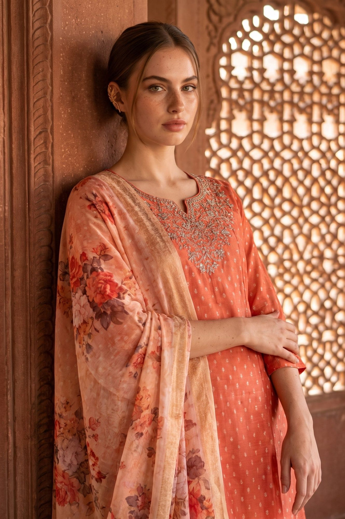 Orange Zari Embroidered Chanderi Straight Kurta with Trouser and Dupatta Set
