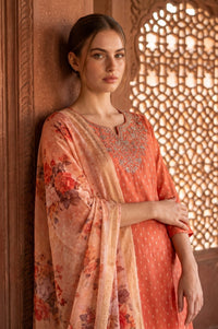 Orange Zari Embroidered Chanderi Straight Kurta with Trouser and Dupatta Set