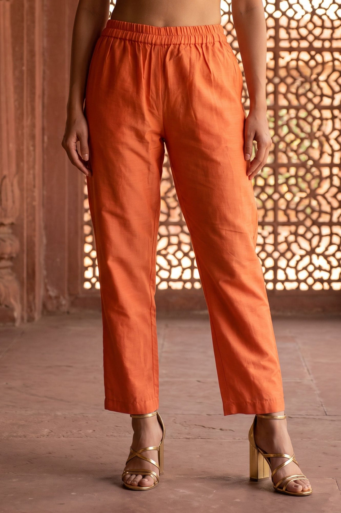 Orange Zari Embroidered Chanderi Straight Kurta with Trouser and Dupatta Set