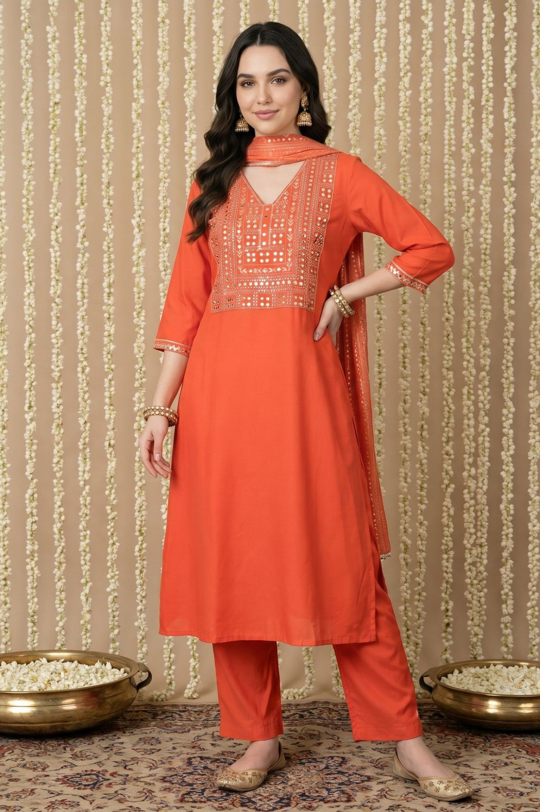 Orange Mirror Work Rayon Straight Kurta with Pant and Dupatta Set